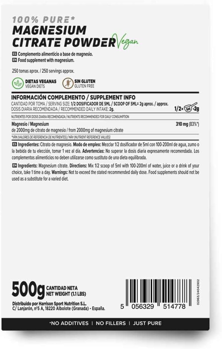 HSN Citrato De Magnesio En Polvo (310Mg Mineral Elemental) | 500G = 250 Tomas Por Envase | 100% Puro Magnesio Sin Añadidos Ni Excipientes | No-Gmo, Vegano, Sin Gluten