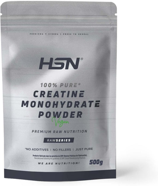 HSN Creatina Monohidrato En Polvo | Sin Sabor 500 G = 143 Tomas Por Envase | 100% Monohidrato De Creatina Micronizada Máxima Pureza Sin Añadidos Libre De Contaminantes | No-Gmo, Vegano, Sin Gluten